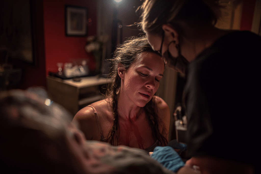 image showing midwife assisting distressed mother during a home birth, highlighting risk of amniotic fluid embolism (AFE).